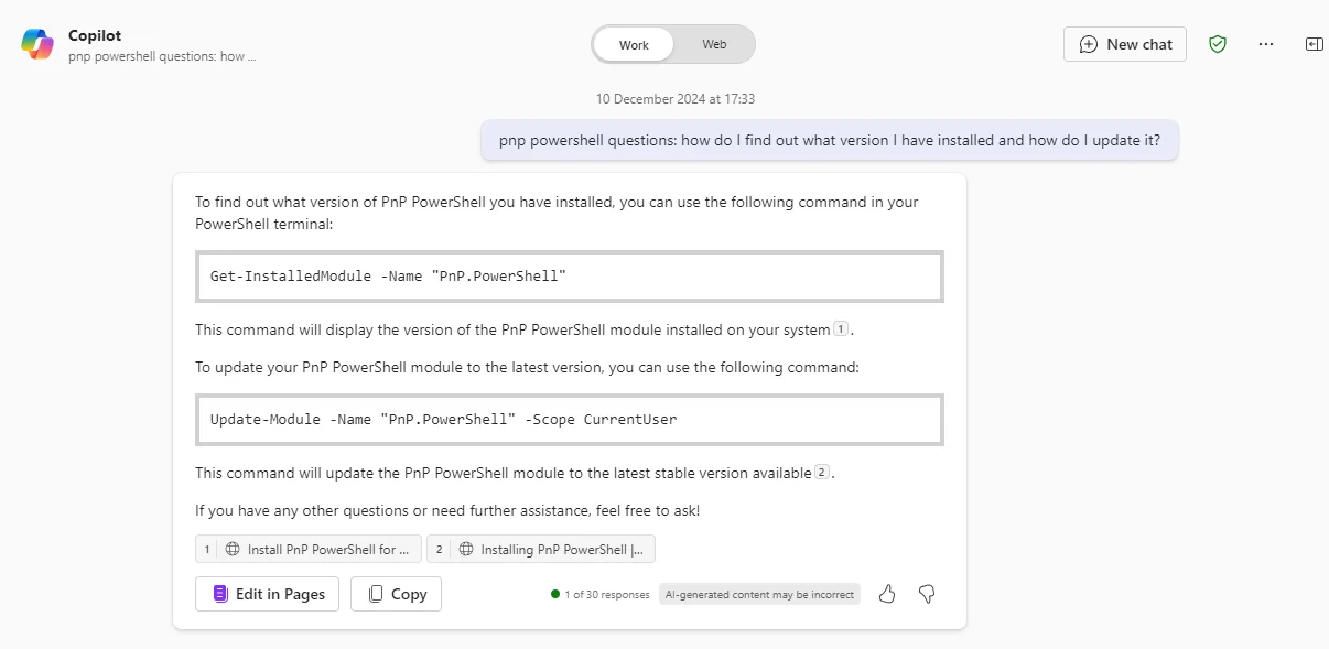 Copilot help - Update PnP Powershell